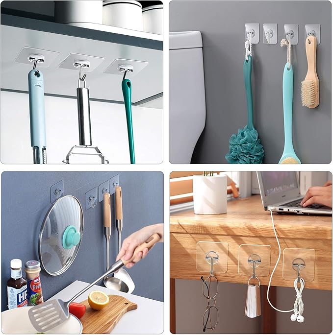 Adhesive Hooks Removable Wall Hook 13 LB Ceiling Hooks Transparent Seamless Waterproof and Oil Proof for Cabinet Kitchen Bathroom Ceiling Office Window 24 Pack