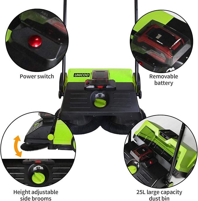 UNICOO® Electric Hand Push Floor Sweeper – Battery Powered Walk-Behind Sweeper with Dual Brush Rollers, 23" Sweeping Width & 6.6 Gallon Waste Bin – Indoor/Outdoor Push Sweeper (Green)