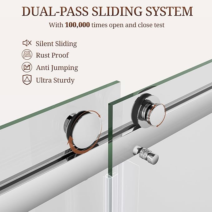 56-61" W x 76" H Frameless Shower Door, Double Sliding Glass Shower Door with 3/8" (10mm) SGCC Tempered Glass, Dual 304 Stainless Towel Bars Bathroom Shower Glass Door (Chrome)