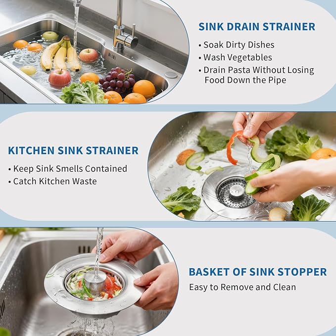 The Ultimate Kitchen Sink Solution: 3-in-1 Drain Strainer & Stopper. 304 Stainless Steel, Anti-Clogging, Anti-Odor for US Standard Drains. Easy Clean! (2)