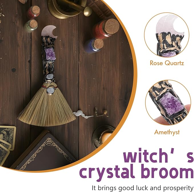 Rose Quartz Witch Broom - Witchcraft Supplies Mini Witches Broomstick with Amethyst Clusters Altar Supplies with Natural Healing Crystals Wiccan Supplies Meditation Therapy Decor