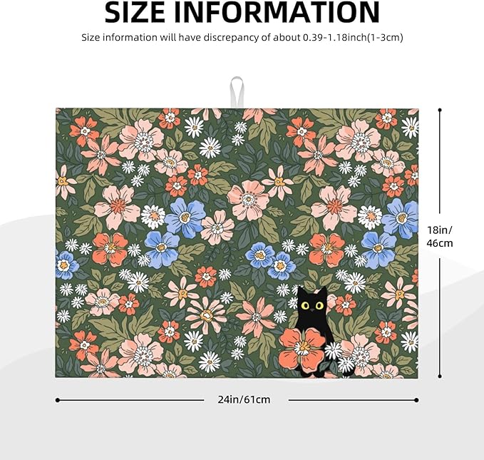 Black Cat Floral Dish Drying Mat For Kitchen Counter Absorbent Large Kitchen Fast Dry Pad Reusable Washable Protector Rack Large Mat 18 X 24