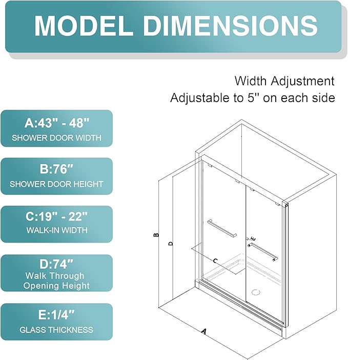 KPUY Glass Shower Door, 43-48" W x 76" H Semi-Frameless Double Sliding Shower Door, 1/4" (6mm) Thick Tempered Clear Glass with Explosion-Proof Film Nano Coating, Brushed Nickel