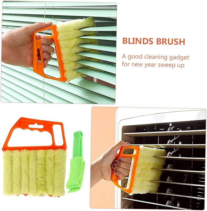 VALICLUD Window Shutter Brush Set 2pcs Handheld 7-Finger and 3-Finger Blinds Cleaning Brushes for Air Conditioner Vents and Window Blinds Dust Removal in Orange and Green