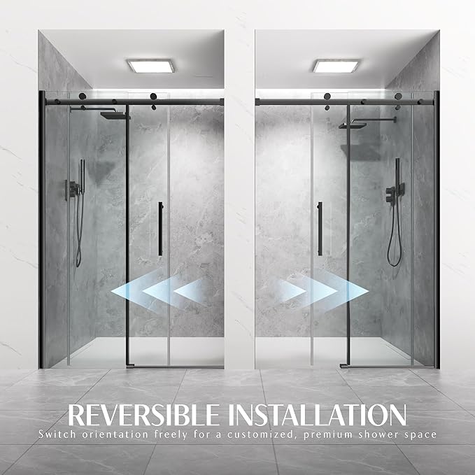 Shower Door Frameless 44-48'' W x 72'' H, Sliding Glass Door, 5/16 inch (8mm) Thickness Clear Tempered Glass for Walk-in Shower, Matte Black