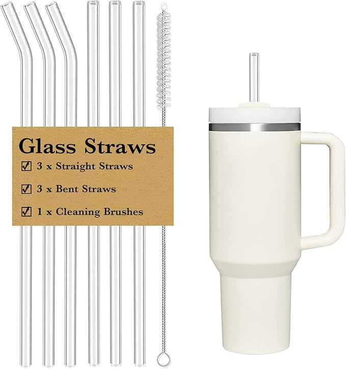 6 PCS Clear Glass Reusable Straws for Stanley 40 oz 30 oz Cup Tumbler, Shatter Proof, 6 Pack with Cleaning Brush