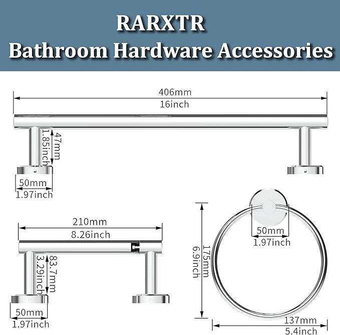 3pc Bathroom Hardware Set with Polished Toilet Paper Holder, Towel Ring, Towel Bar SUS304 Stainless Steel Toilet Paper Roll Holder Wall Mount, Bathroom Towel Holder, Towel Rack Set