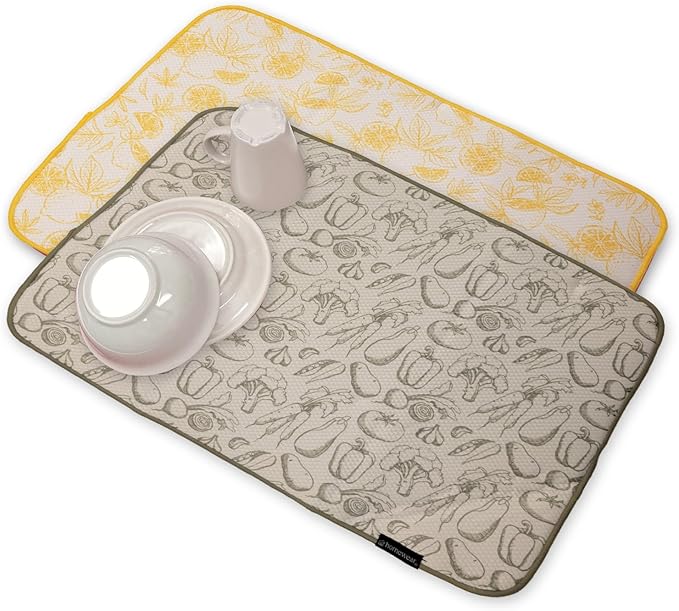 2 Pack Printed Dish Drying Mats for Kitchen, Super Absorbent Polyester, 15 x 20 inches, Countertop Sink, Machine Washable, Veggies & Lemon