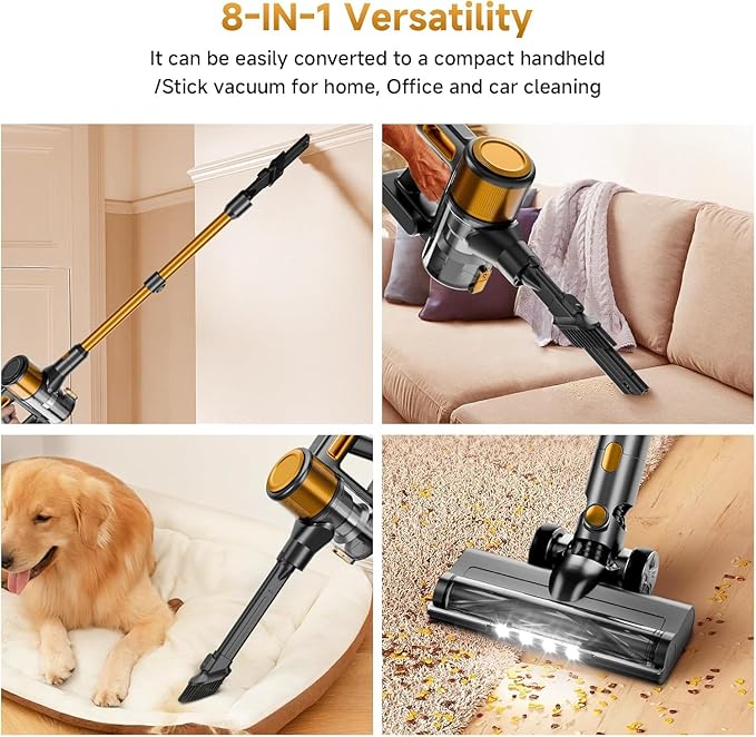 Cordless Vacuum Cleaner, 8 in 1 40Kpa 55Mins,Lightweight Vacuum Cleaners for Home, Stick Vacuum with Anti-Tangle Brush,Wall Mount, Rechargeable Cordless Vacuum for Floor/Sofa/Pet Hair,Golden