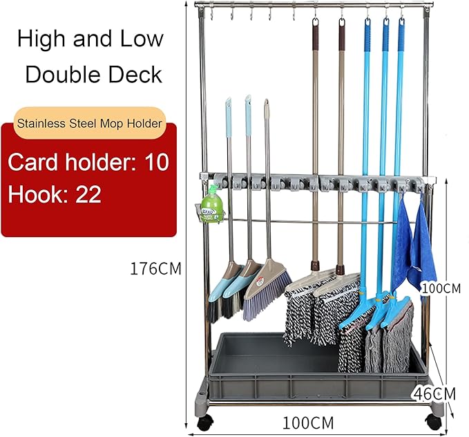 Movable Commercial Mop Rack,Floor Standing Cleaning Tool Cart Storage,Mop and Broom Garden Tool Holder,Housekeeping Cart, Umbrella Stand,Double Deck Stainless Steel Bracket,can Put Wet Mop (Color :