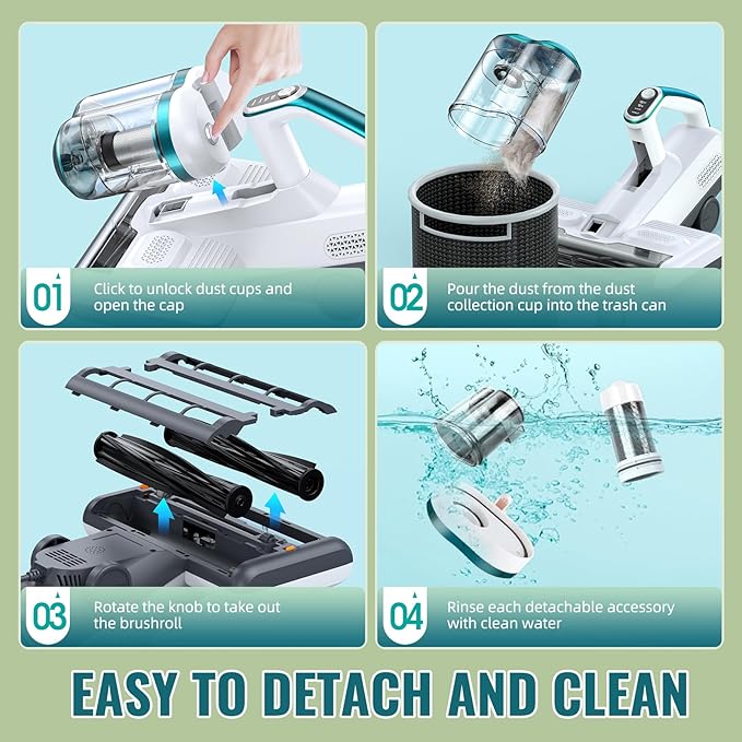 Mattress Vacuum Cleaner Bed Vacuum with 16Kpa Suction 253.7nm UV-C Light, 30000 RPM/Min Dual Brushroll Rotation & Heating Tech & Ultrasonic, 10'' Dual Widened Suction Port, 500W, Corded