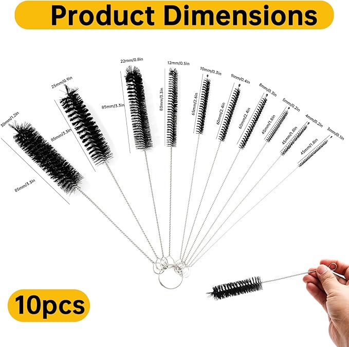 10-Pack Straw Cleaner Brush Set, 8.3" Long Nylon Tube Brushes with 304 Stainless Steel Handles for Bottles, Straws, Pipes, Coffee Makers & Narrow Neck Containers