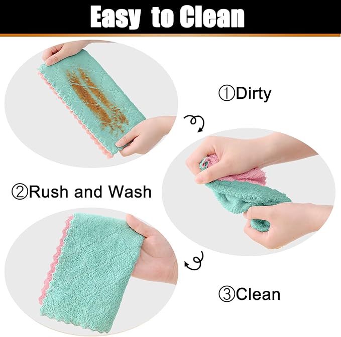 Mordimy 12 Pack Kitchen Cloths Dish Towels (10" x 10", Green & Pink), Super Soft and Absorbent Dish Cloths, Coral Velvet Microfiber Cleaning Cloth, Nonstick Oil Fast Dry Dishcloths