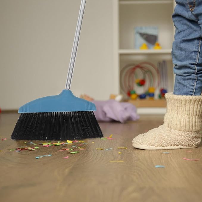 Uonlytech Soft Bristle Broom with Dustpan Set, Blue Household Sweeping Brush for Hair-Free Cleaning, Lightweight Floor Broom for Kitchen, Garage, Patio, and Lawn Use