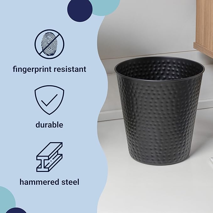 happimess HPM1110A Axel Modern Minimalist Hammered Steel 2-Gallon Wastebasket for Home, Bathroom, Living Room, Office, Bedroom, Kitchen, Matte Black
