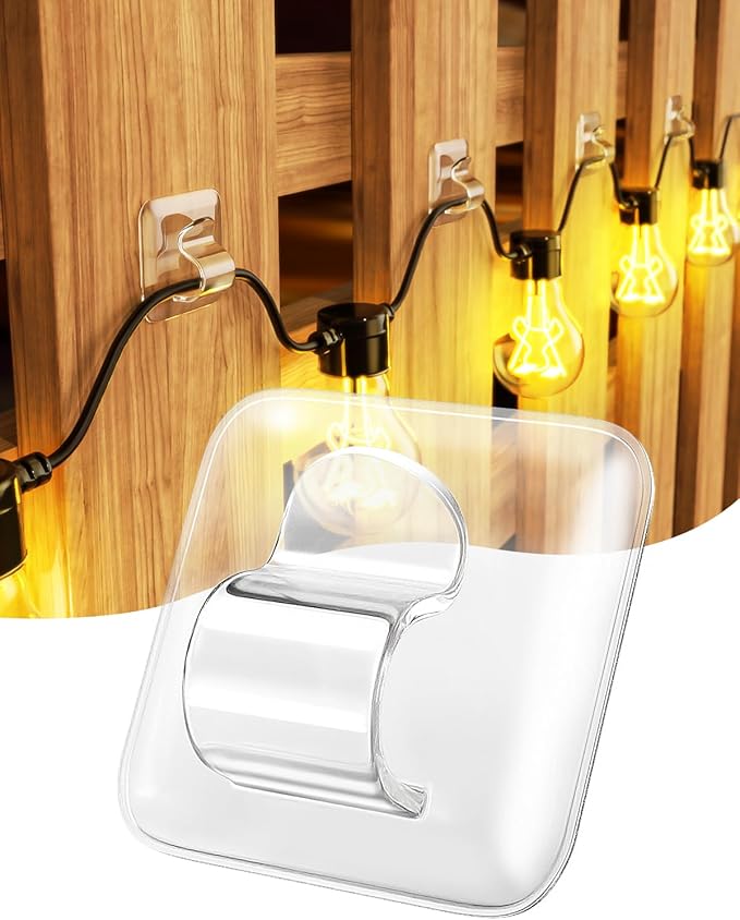 LZC Hooks for Outdoor String Lights Clips: 25 Pack Square Clear Large Heavy Duty Light Hook Waterproof Adhesive Strips - Outside Hanging Rope Light Cable Cord Holders Organizer