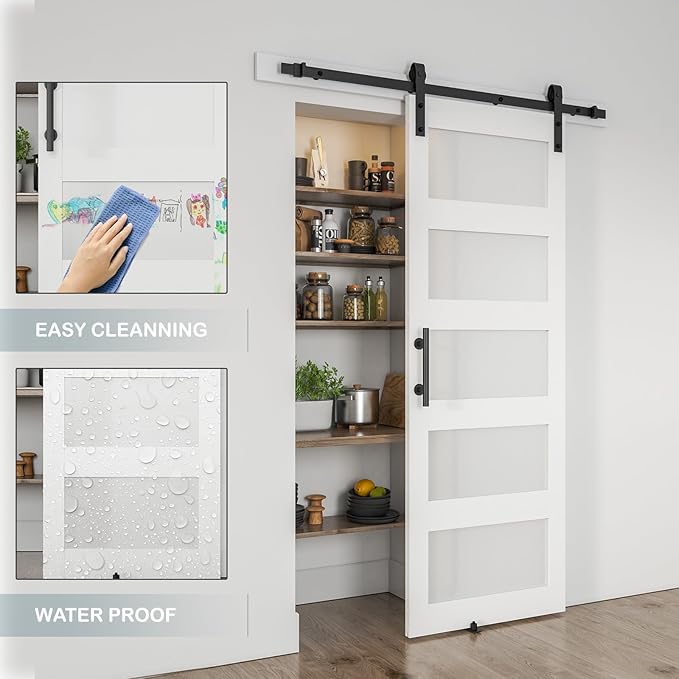 30'' x 80'' Glass Barn Door and 5 Ft Hardware Kit Included, MDF White Barn Door Slab with Frosted Glass, PVC Surface, Combined with Handle and Floor Guide-Assembly Required, White