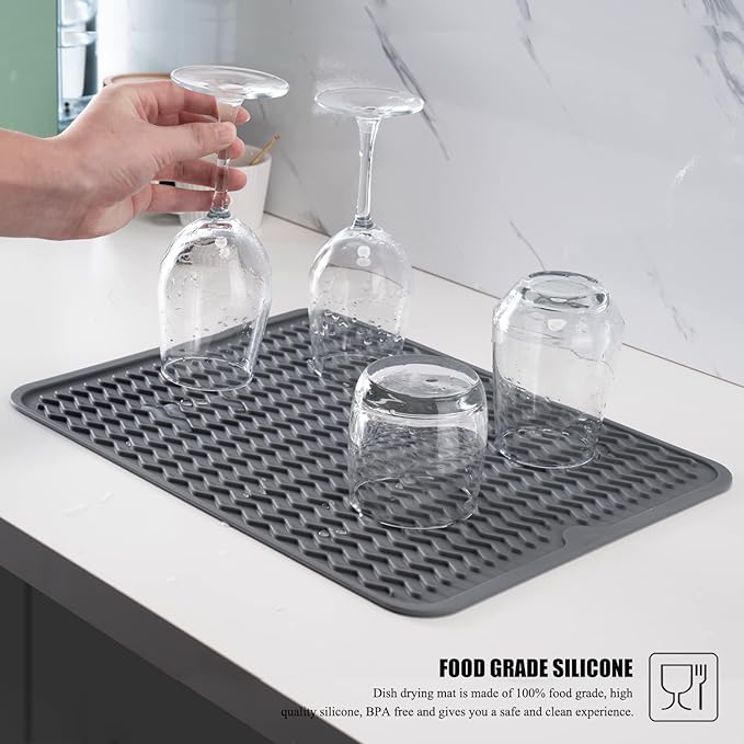 Large 14" x 11" Silicone Dish Drying Mat for Kitchen Counter, Easy clean, Quick Dry, Heat-resistant Dish Drainer Mat for Sink,Refrigerator or Drawer liner (Food Grade Silicone-Grey)