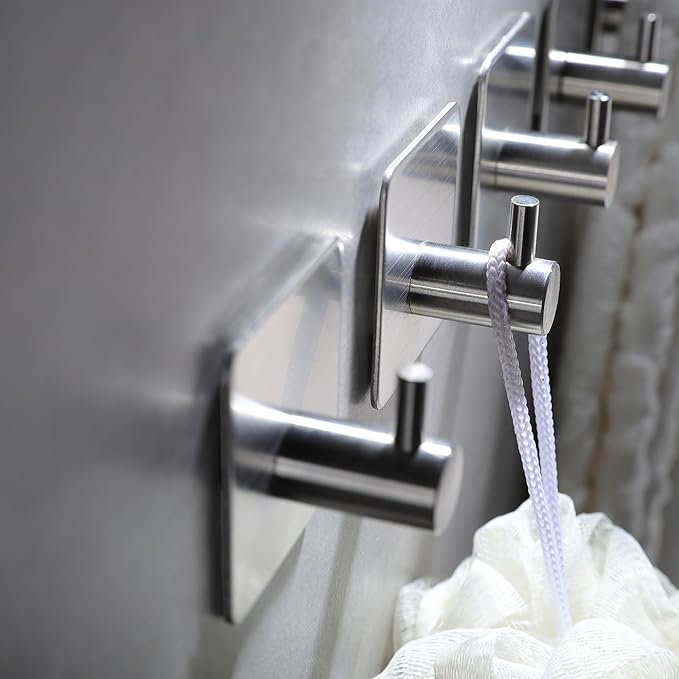 YIGII Silver Adhesive Towel Hooks - 4 Pack Stainless Steel Wall Hook for Hanging Towels, Robe, Coat, Heavy Duty Coat Hooks Stick on Bathroom, Kitchen