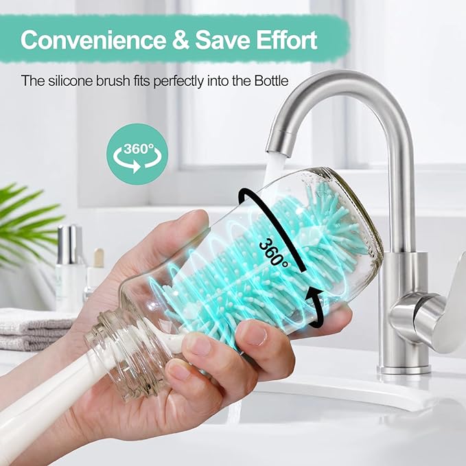 Bottle Brush Set,Travel Bottle Cleaner Kit with Baby Bottle Brush,UV Light,Straw Brush,Nipple Brush,Bottle Drying Rack for Home and Travel(Green)