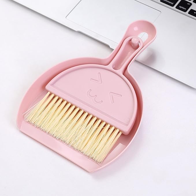 Mini Broom and Dustpan Set for Desk, Small Hanging Keyboard Cleaning Kit with Soft Rubber Dustpan Lip, Portable Desktop Cleaning Tool (Pink)