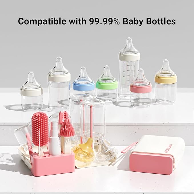 Baby Bottle Brush, 10 in 1 Travel Baby Bottle Cleaner Brush Set with Silicone Brush, Nipple Brush, Straw Brush, Soap Dispenser, Portable Drying Rack, Breast Pump & Bottle Cleaning Kit - Coral Pink