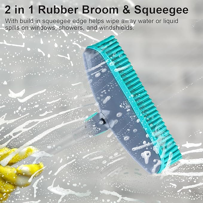 180°Rotating Rubber Broom with Squeegee for Pet Hair Removal - 50" Iron Handle Fur Remover Rake Brush for Carpet, Hardwood & Tile Floors, Includes Pet Hair Removal Gloves (Blue)