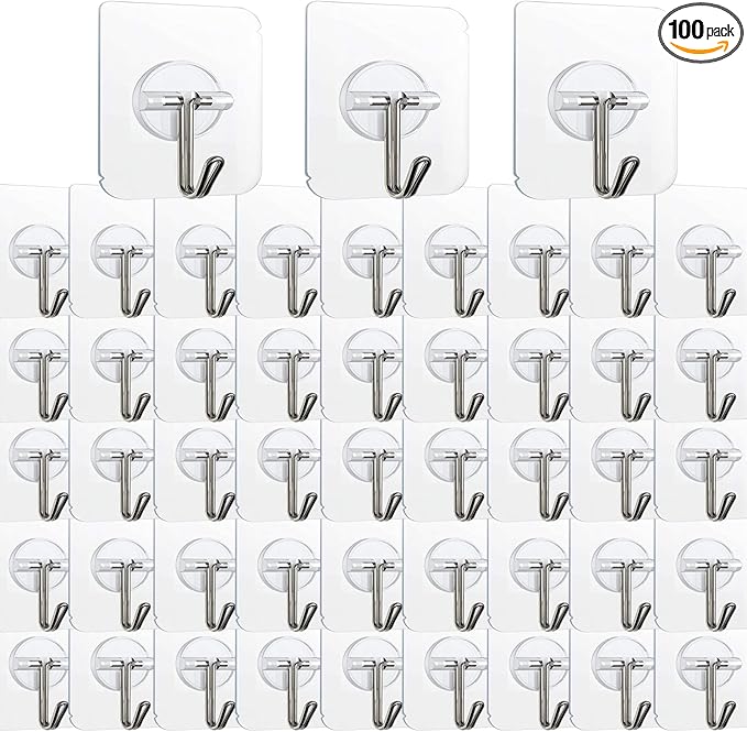 100 Pack Adhesive Hooks Wall Hooks 24lb(Max) Heavy Duty Self Adhesive Hooks,Transparent Reusable Adhesive Wall Hooks for Hanging for Kitchens, Bathroom, Office