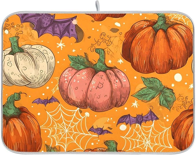 Halloween Colorful Pumpkin Pattern Dish Drying Mat for Kitchen Counter Super Absorbent Drying Mat 18x24 inch Large Dish Drying Matts for Countertop Protector Dishes Pad