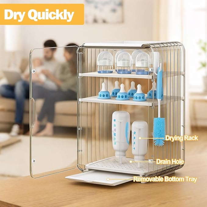 XANGNIER Baby Bottle Organizer,Clear Baby Bottle Storage Organizer for Countertop and Cabinet,with Drying Rack and Hook,Space-Saving,Multifunctional Station Organizers Accessories