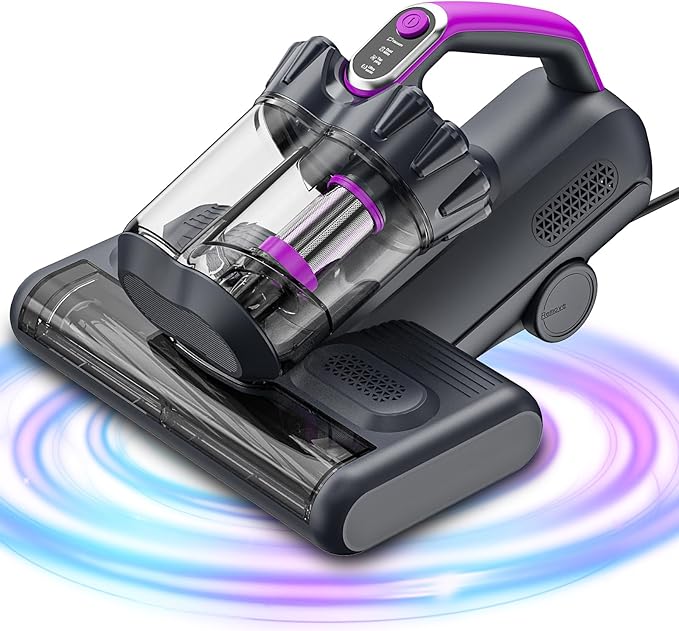 winterbear Mattress Vacuum Cleaner, 17Kpa Suction 500W High Power Handheld Roller-Type Bed Vacuum Cleaner with U-V-C Light & High Heating & Ultrasonic Tech, 2 * 30000Rpm Brush Rolls, Corded(Black)