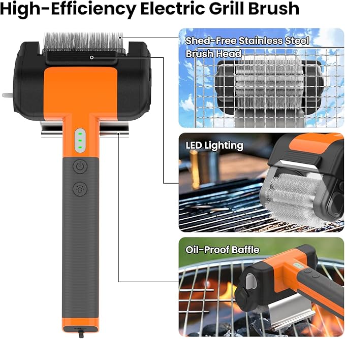 Electric Grill Brush, Cordless Electric Rotary Grill Cleaner with Reinforced Wire Bristles, Detachable Head and LED Light for Outdoor BBQ Grill Grate