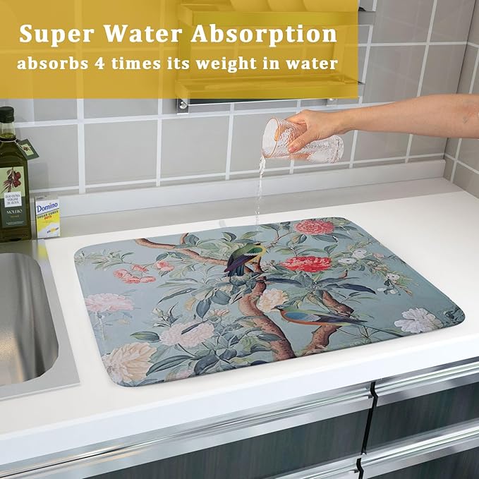 Khope Chinoiserie Dish Drying Mat for Kitchen Counter 18x24 Inch Blue Gray Vintage Bird Floral Reusable Washable Farmhouse Flower Drying Pad Countertop Home Decor
