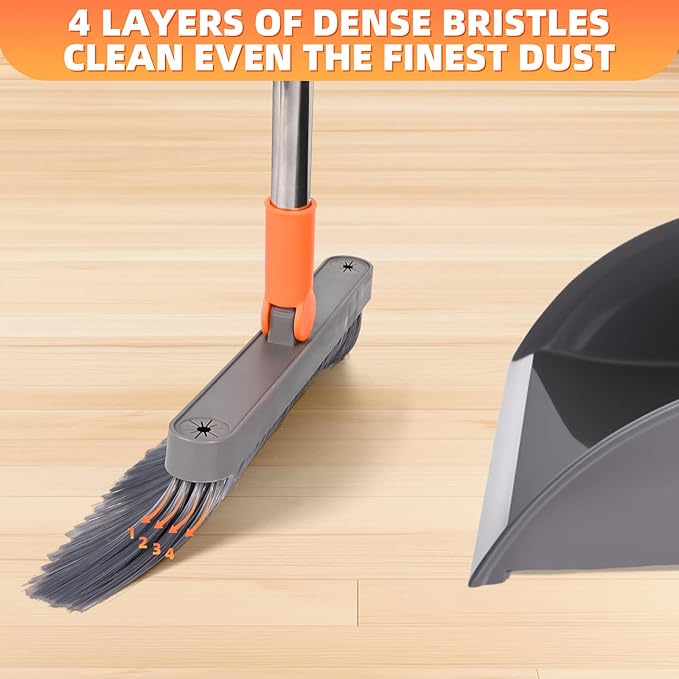 Ease of Assembly Broom and Dustpan Set, Self Cleaning with Metal Dustpan Teeth, Indoor&Outdoor Sweeping, Ideal for Dog Cat Pets Home Use, Stand Up Broom and Dustpan, Orange&Grey