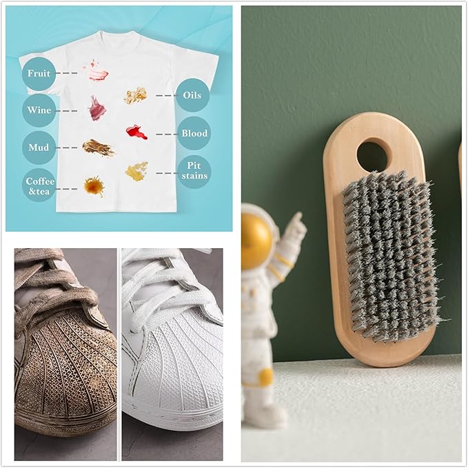 2 Pcs Long Handle Wood Laundry Brush for Shoe, Clothing Stain Remover Scrubber, Soft Bristle for Scrubbing Out Tough on Delicate, Easy to Grip Hand Washing Clothes
