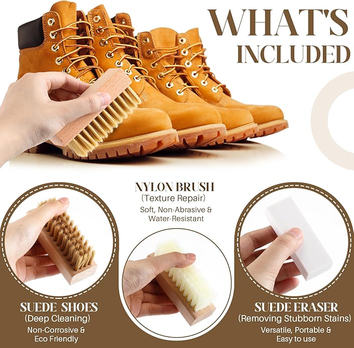 Enhon 5 Piece Suede and Nubuck Cleaning Kit with Brass & Nylon Brushes, 2 Suede Eraser, Microfiber Towel for Shoes, Boots, Bags, Jackets Long Lasting Care Solution