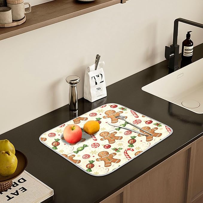 Christmas Gingerbread Cookie Man Sugar Dish Drying Mat for Kitchen Counter Absorbent Microfiber Large Drying Pad Dish Mats for Kitchen Countertops 18 x 24 Inch