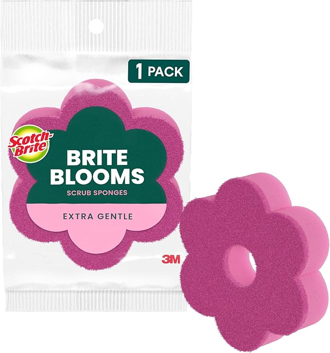 Scotch-Brite Brite Blooms Extra Gentle Scrub Sponge, Dishwasher-Safe Kitchen Sponge for Cleaning Delicate Surfaces, Pink Spring Flower Dish Sponges Made with 100% Recycled Fibers