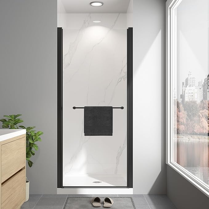 Frameless Pivot Shower Door 34"-36" W x 72" H, Swing Shower Glass Doors with Nano Explosion-Proof Film Tempered Glass 1/4"(6mm) Reversible Installtion, Matte Black Finish