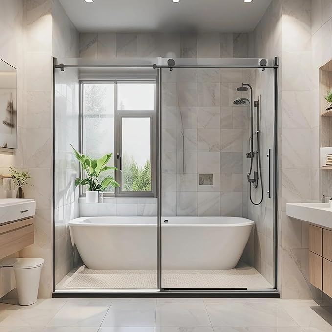 56-60" W x 76" H Stainless Steel Frameless Single Sliding Shower Door, 1/4" (6mm) SGCC Clear Tempered Glass, Reversible Installation, Matte Black Finish