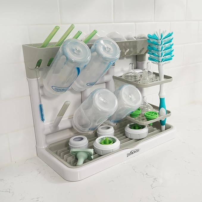 Dr. Brown's Drying Tower, Stand-Up Drying Rack, Countertop Baby Bottle Drying with Organized Storage for Baby Essentials, Space Saving Vertical Rack, Gray