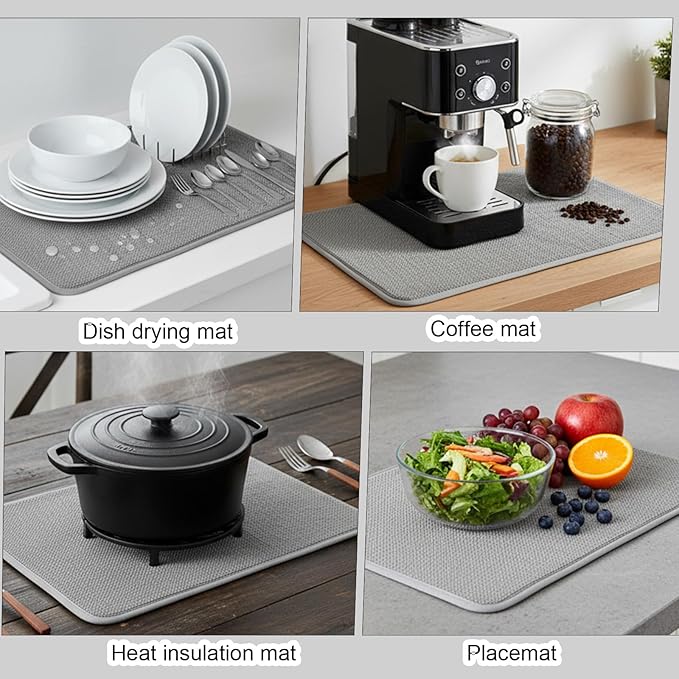 Microfiber Small Dish Drying Mat, 11.8x15.7 Inch Absorbent Dish Drainer Kitchen Counter Protector Gray Dishes Pad for Sinks Countertops Draining Racks