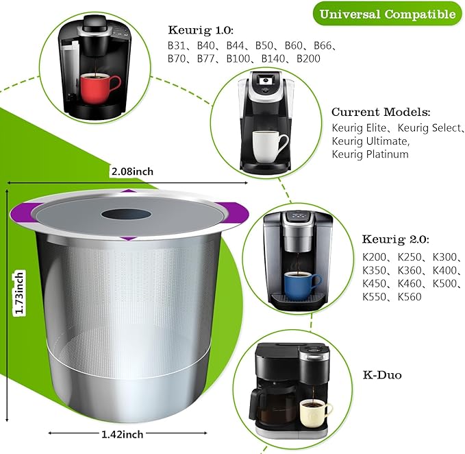 2 Pack Reusable K Cups for Keurig, Stainless Steel Coffee Pod, K Cup Reusable Coffee Pods With Cleaning Brush, Save Pods for Keurig Machine