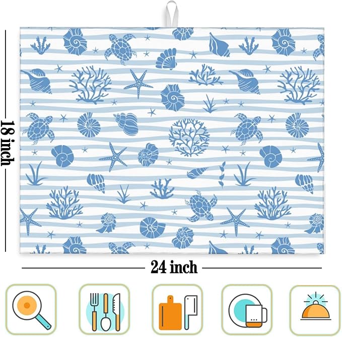 Beach Dish Drying Mat, for Summer Kitchen Counter Microfiber Absorbent, Ocean Sea Dish Draining Mat Extra Large 18"x24"