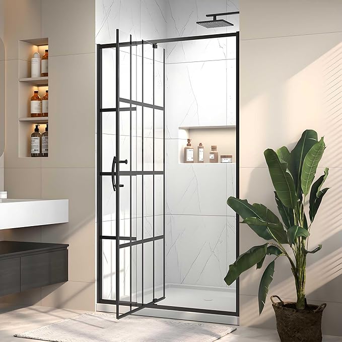 38-42" W x 71" H Pivot Glass Shower Door,Grid Pattern,1/4"(6mm) Thick SGCC Tempered Shower Glass Door,Matte Black Shower Door,Reversible Installation