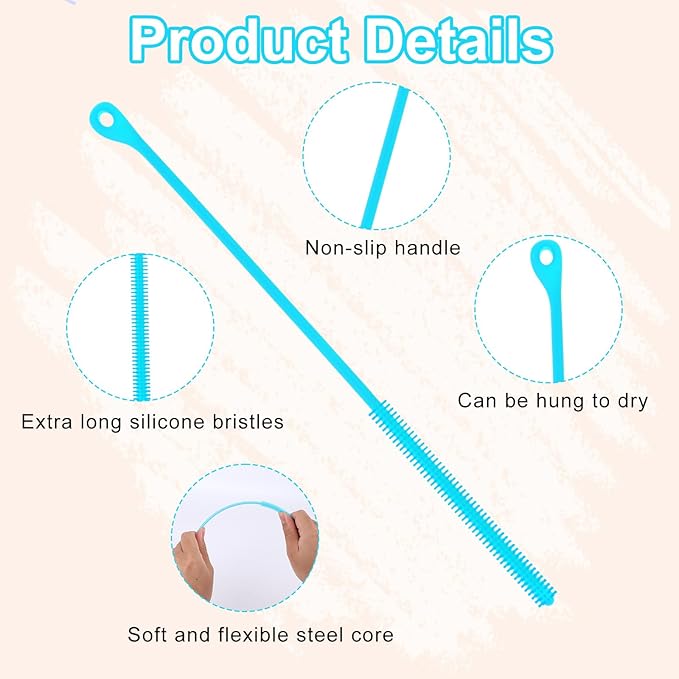 2pcs Silicone Straw Cleaning Brush, Straw Brushes Bristles Cleaner Brush Extra Long Straws Cleaner Brushes for Cleaning Stanley Drink Lid (Blue)