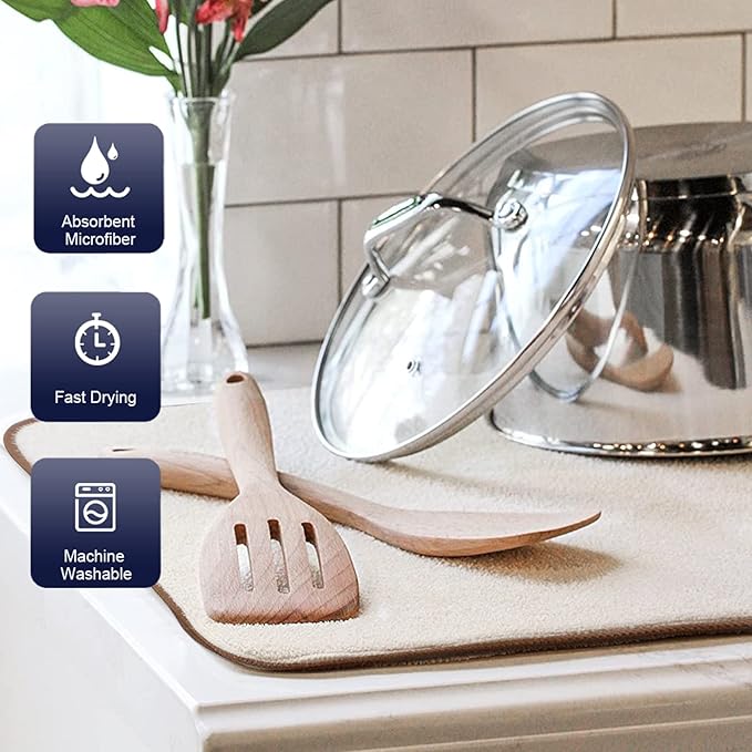 SINLAND Microfiber Dish Drying Mat Super Absorbent Dish Drying Pad for Drainer Kitchen Counter, Large Size Mat for Countertops or Sinks 16Inch X 18Inch Beige 2 Pack