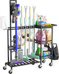 Housolution Cleaning Utility Cart on Wheels, Multifunctional Cleaning Tools Supplies Organizer with Broom and Mop Holder, Vacuum Stand Compatible with Dyson, Rolling Storage Cart for Home