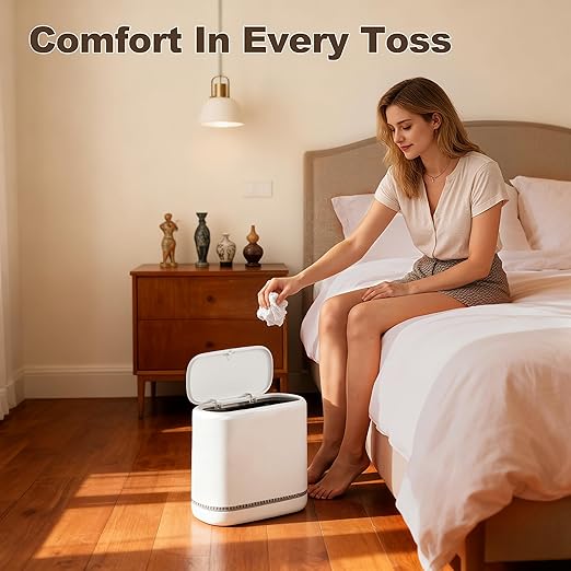 Spreezy Bathroom Trash Can with Lid, 2.3 Gallon/8.6 L Small Trash Can, Pneumatic Adhesion Style Garbage Can for Kitchen, Bedroom, Living Room, Office, Trash Bin Includes 5 Rolls of Trash Bags