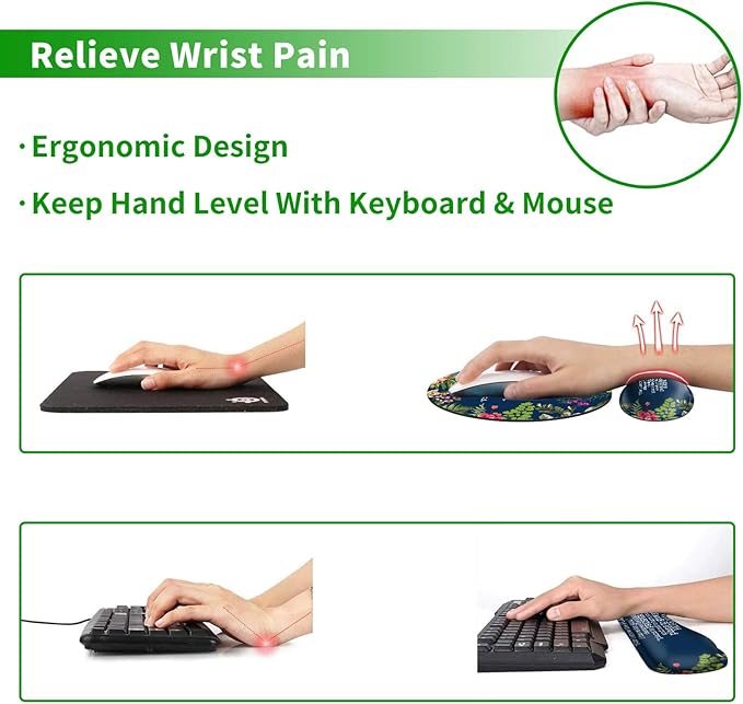 Ergonomic Keyboard Wrist Rests Gel Memory Foam Mouse Pad with Round Mousepad + Coasters, Wrist Support Set with Non Slip Base for Gaming Laptop Easy Typing & Pain Relief, Inspirational Quotes
